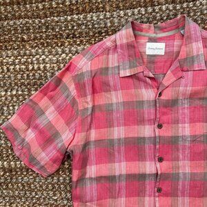 Tommy Bahama Mens Hawaiian Shirt Button Up Salmon Pink White Plaid Linen XL